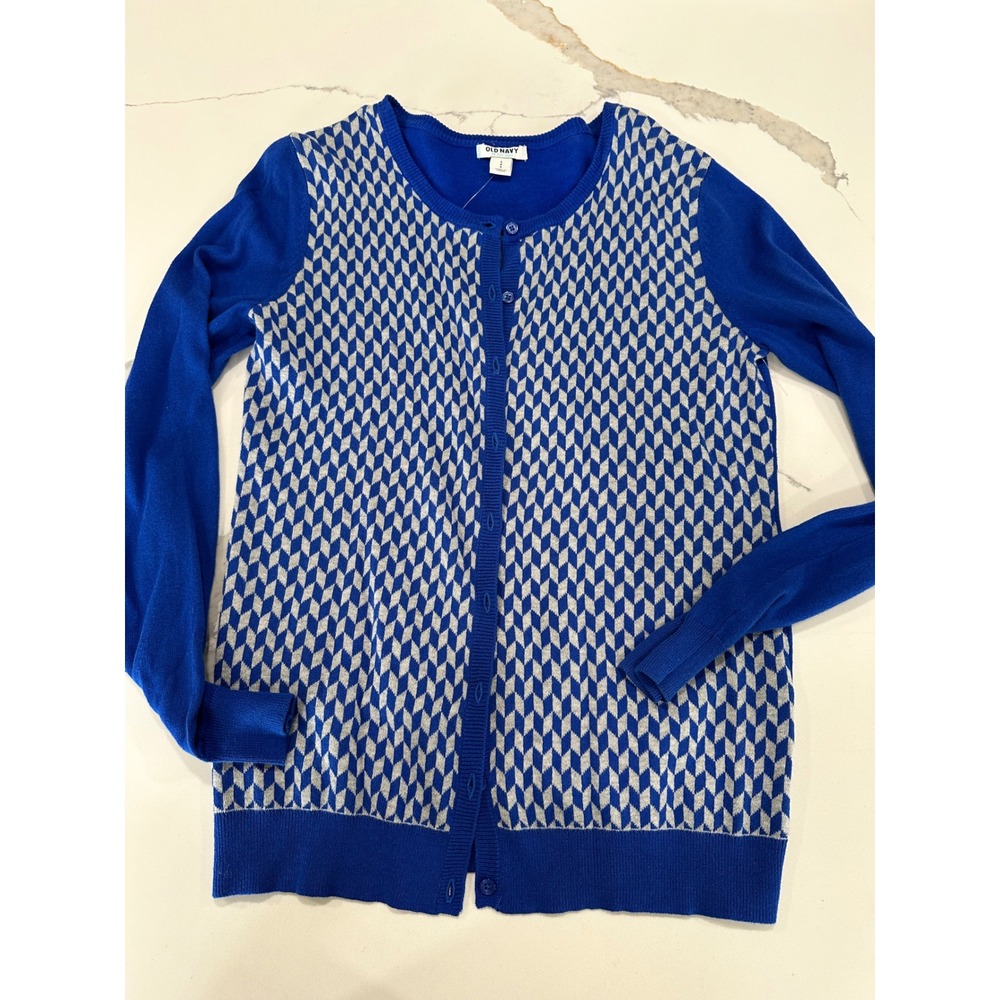 Old Navy Womens Royal Blue White Geometric Diamond Cardigan Sweater S